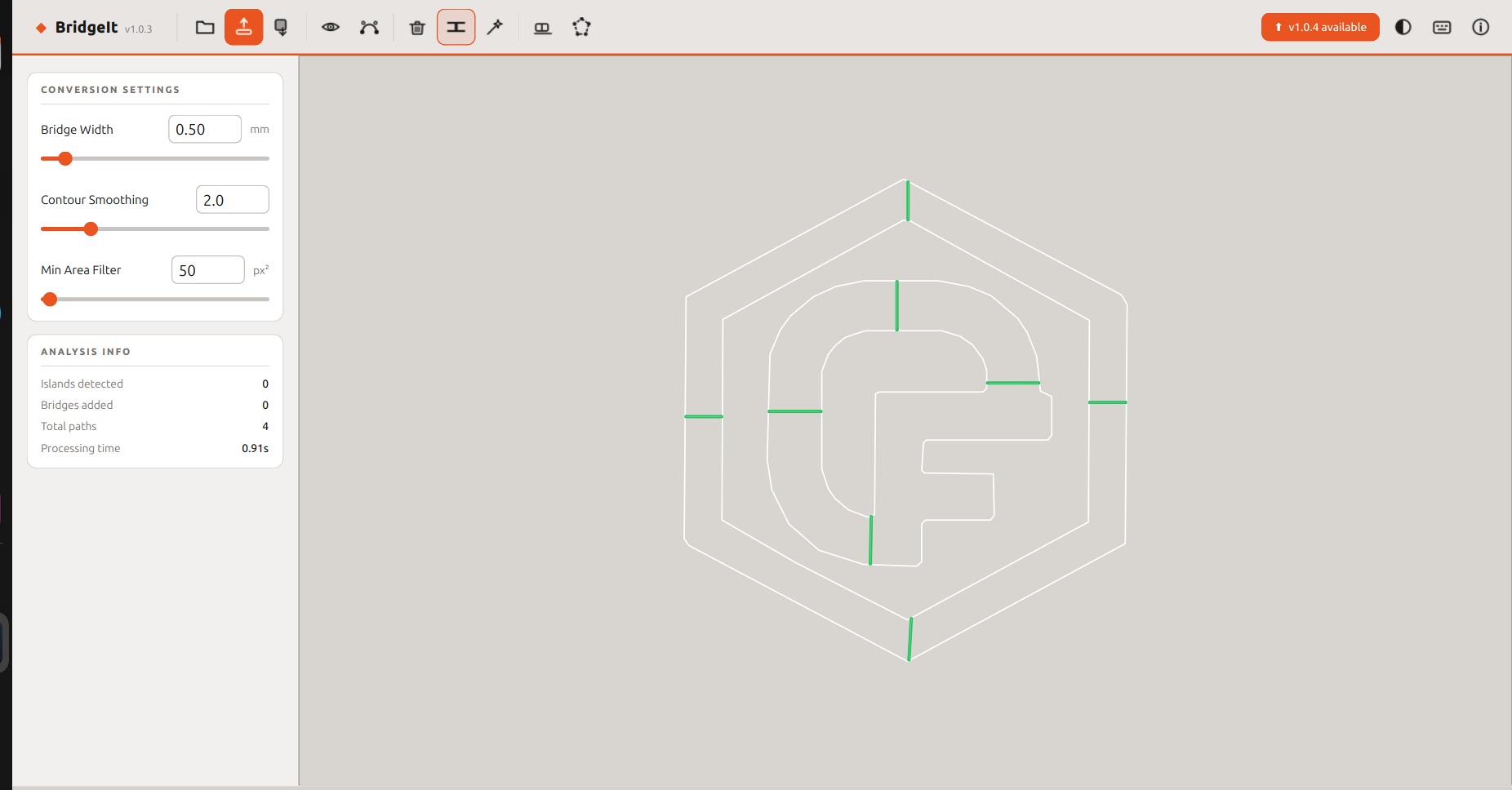BridgeIt showing vector cut paths with green bridge tabs automatically placed on the Outland Fabworks logo