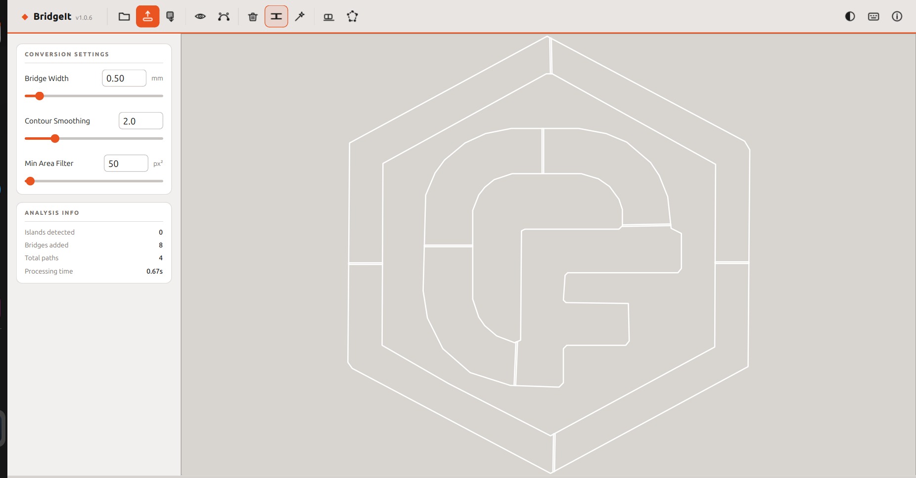 BridgeIt showing final vector cut paths with bridge tabs applied, ready to export as SVG or DXF