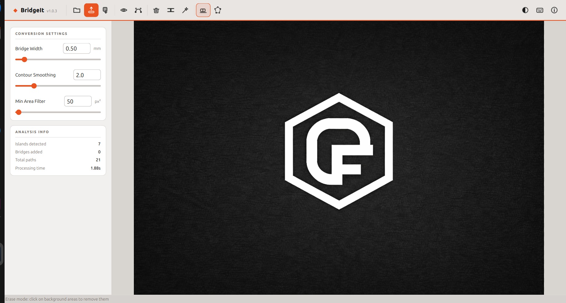 BridgeIt in dark mode with erase tool active, removing the background from a logo